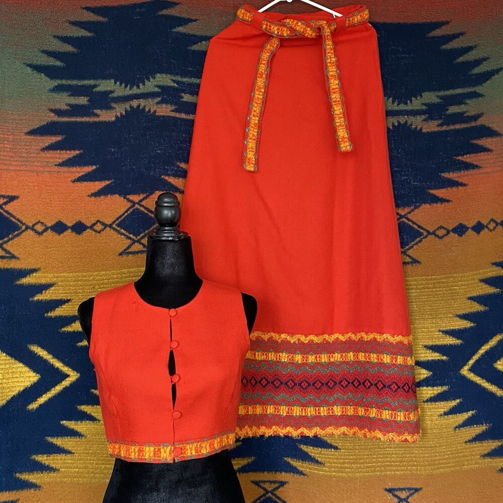 Vintage 70’s Arola Finnish Handmade Wool Maxi Skirt & Vest Set. Size Small. Rare
